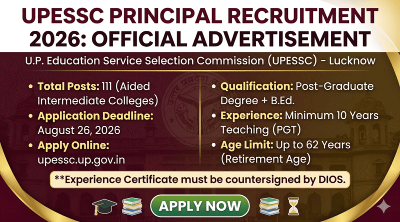 UPESSC Principal Recruitment 2026 official banner showing administrative educational setup and application parameters.
