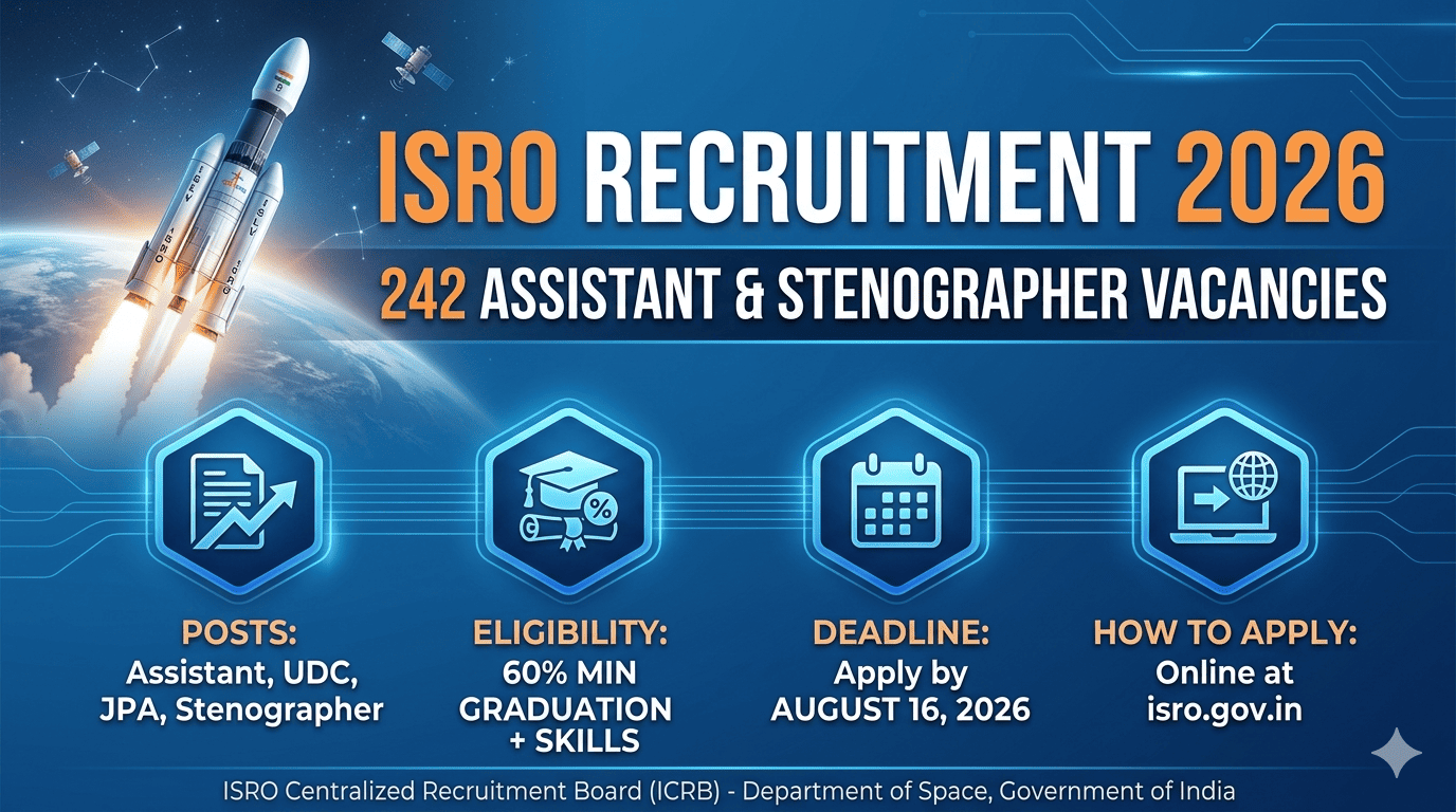 ISRO Recruitment 2026 notification banner featuring space rocket launch graphics and administrative post details.