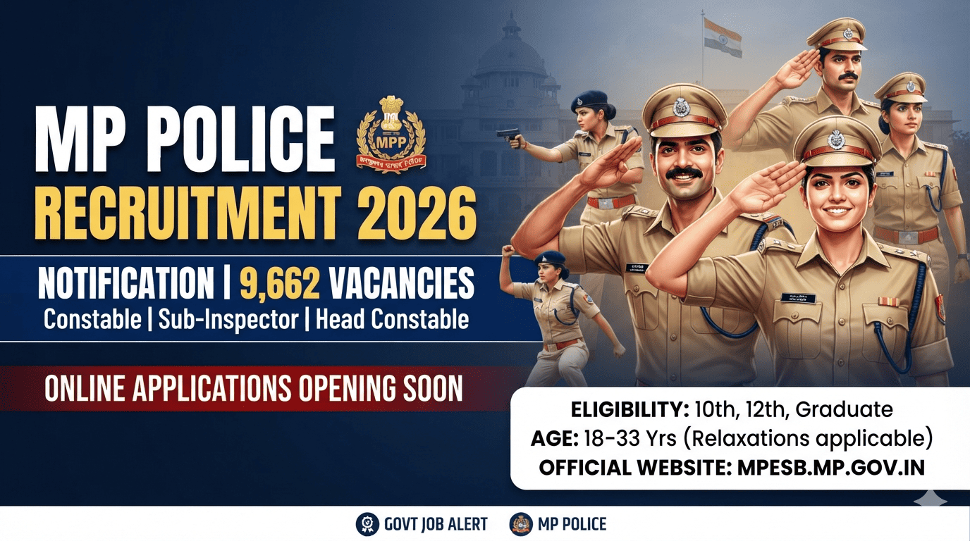 Official MP Police recruitment 2026 notification banner showing Madhya Pradesh police personnel in uniform.