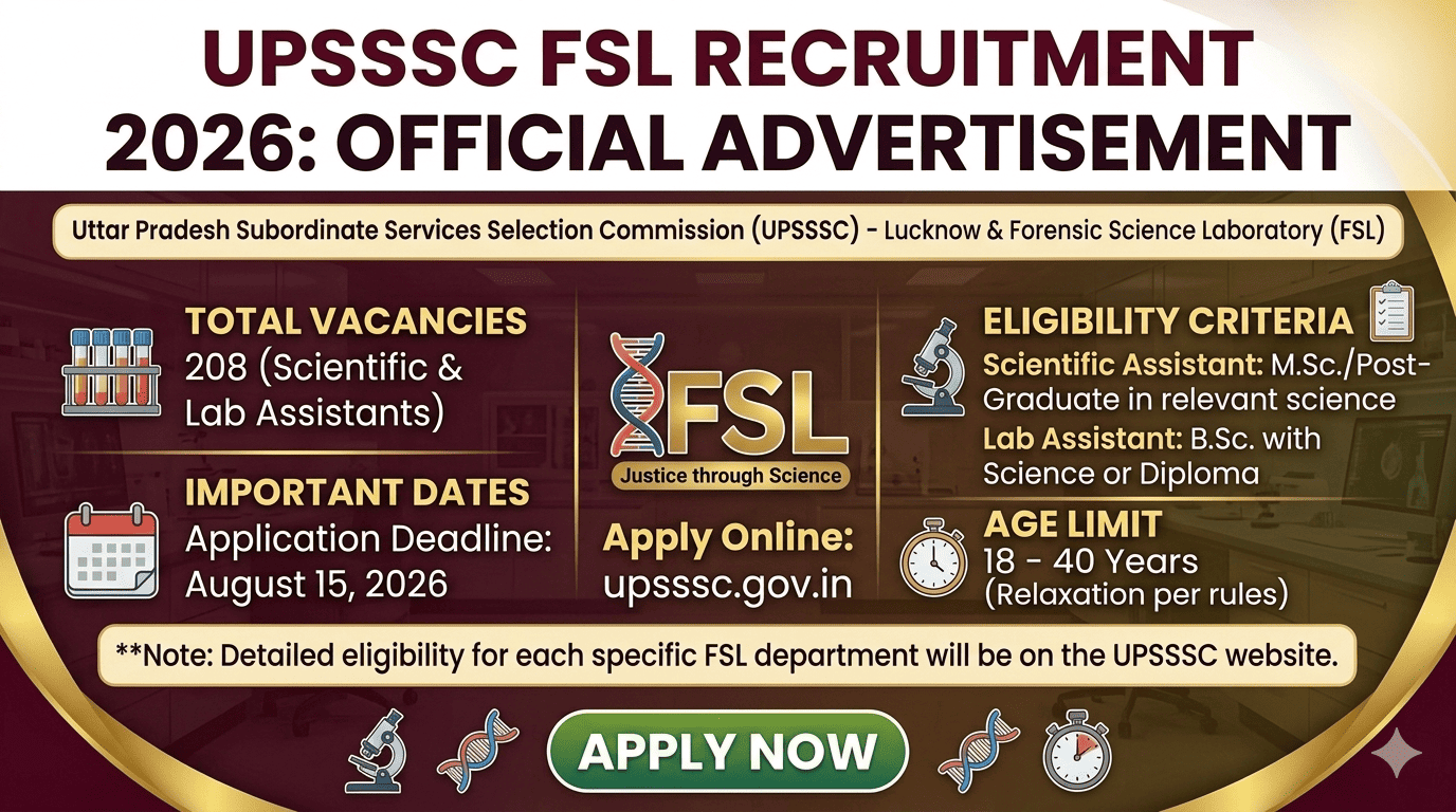 UPSSSC FSL Recruitment 2026 official banner showing forensic science laboratory equipment and application dates.