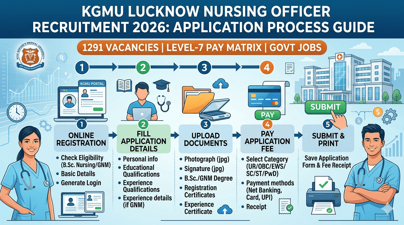 Infographic detailing the recruitment process flow for 1291 Nursing Officer posts at King George's Medical University, Lucknow.