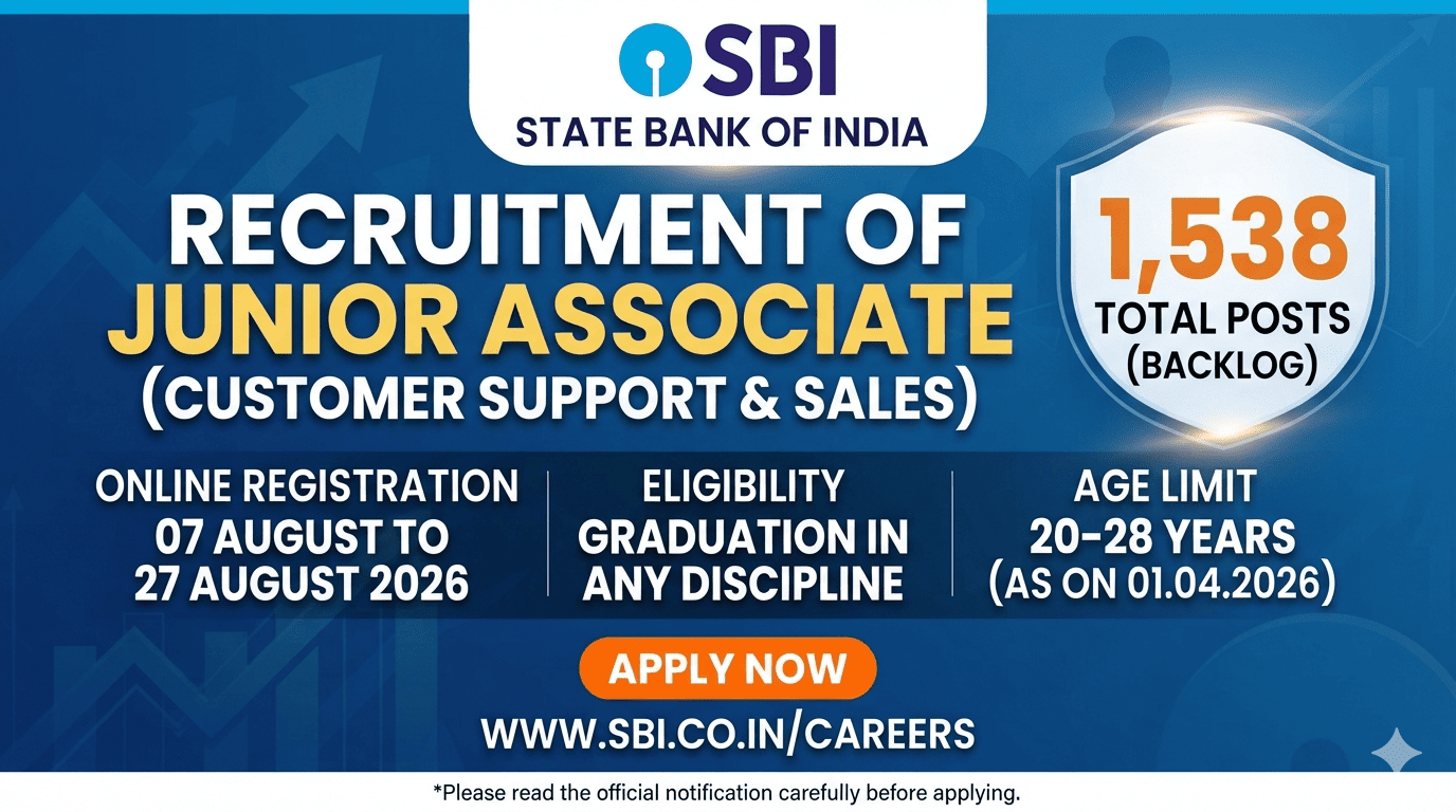 Official notification banner for State Bank of India SBI Junior Associate 1538 vacancy recruitment