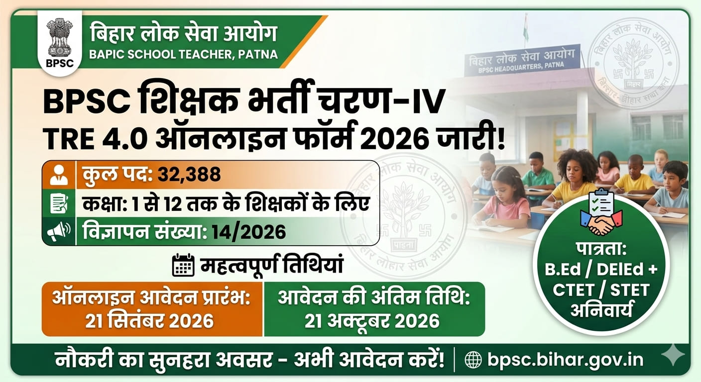 BPSC School Teacher TRE 4.0 Online Form 2026 official notification banner displaying 32,388 vacancy details.