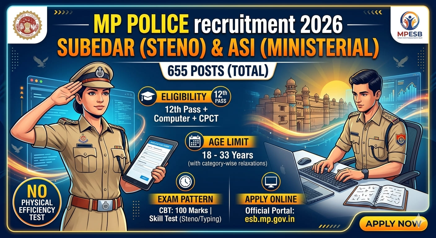 MP Police Subedar Steno and ASI Recruitment 2026 Notification for 655 Posts