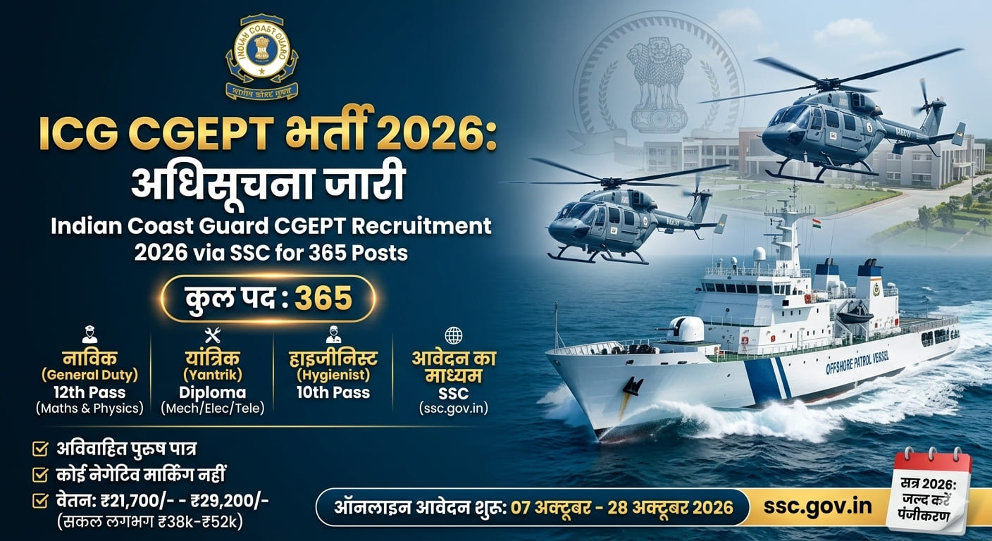 Indian Coast Guard ICG CGEPT 02/2026 Batch Recruitment official notification banner via SSC highlighting 365 Navik GD, Yantrik and Hygienist posts.