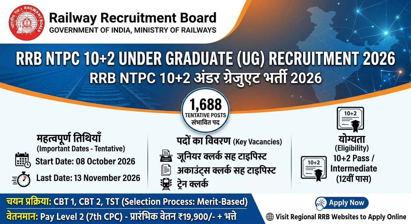 RRB NTPC 10+2 Under Graduate Level Online Form 2026 recruitment notification banner highlighting 1,688 tentative posts for 12th pass candidates.