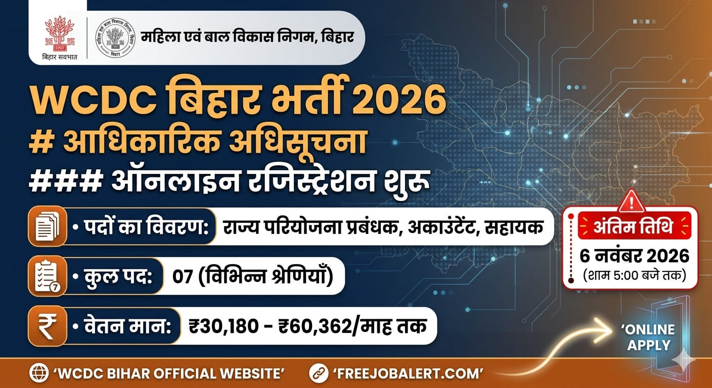 बिहार महिला एवं बाल विकास निगम (WCDC) का आधिकारिक भर्ती बैनर जिसमें अकाउंटेंट और असिस्टेंट पदों के ऑनलाइन रजिस्ट्रेशन की जानकारी दी गई है।
